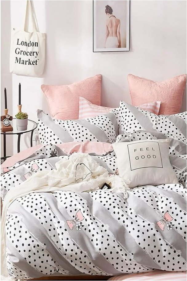 Bílo-růžové prodloužené čtyřdílné bavlněné povlečení na dvoulůžko s prostěradlem 200x220 cm Bow and Polka-Dot – Mila Home Mila Home