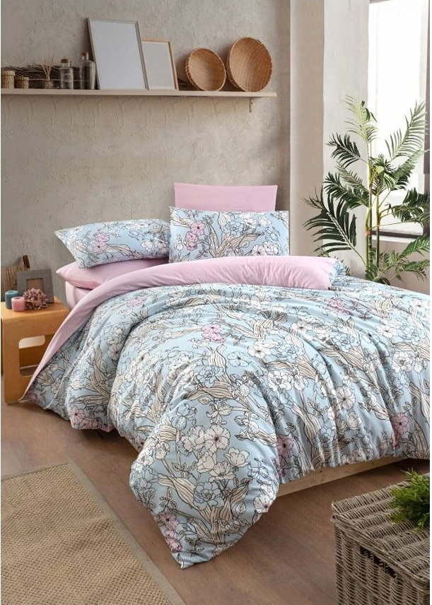 Modro-růžové prodloužené čtyřdílné povlečení na dvoulůžko s prostěradlem 160x220 cm Floral – Mila Home Mila Home