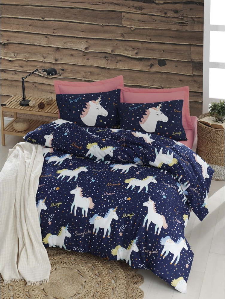 Povlečení s prostěradlem na dvoulůžko Eponj Home Magic Unicorn Dark Blue