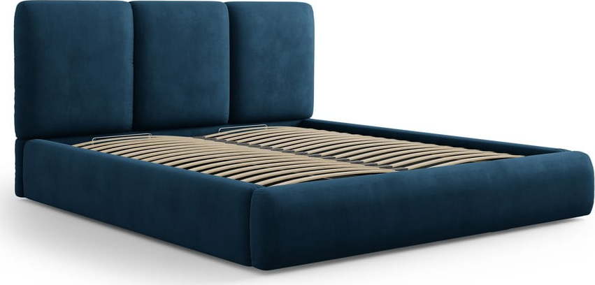 Tmavě modrá čalouněná dvoulůžková postel s úložným prostorem s roštem 200x200 cm Brody – Mazzini Beds Mazzini Beds