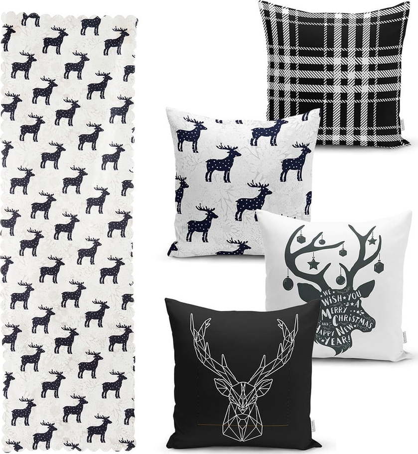 Sada 4 vánočních povlaků na polštář a běhounu na stůl Minimalist Cushion Covers Reindeer and Stars Minimalist Cushion Covers