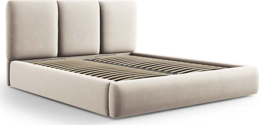 Krémová sametová čalouněná dvoulůžková postel s úložným prostorem s roštem 140x200 cm Brody – Mazzini Beds Mazzini Beds